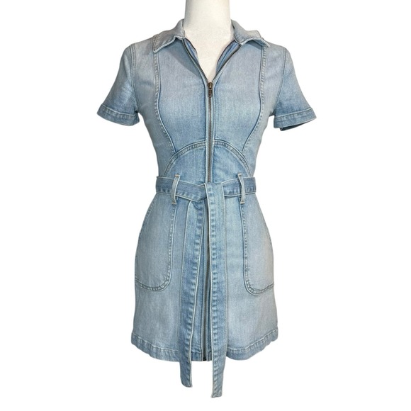 Alice + Olivia Jeans Blue Denim Mini Dress Size 2 Zipper Front Pockets Belted - Picture 2 of 14